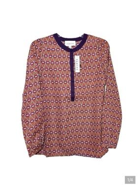SABINE Long Sleeve Printed Top with Front Button in Cranberry with Purple Trim